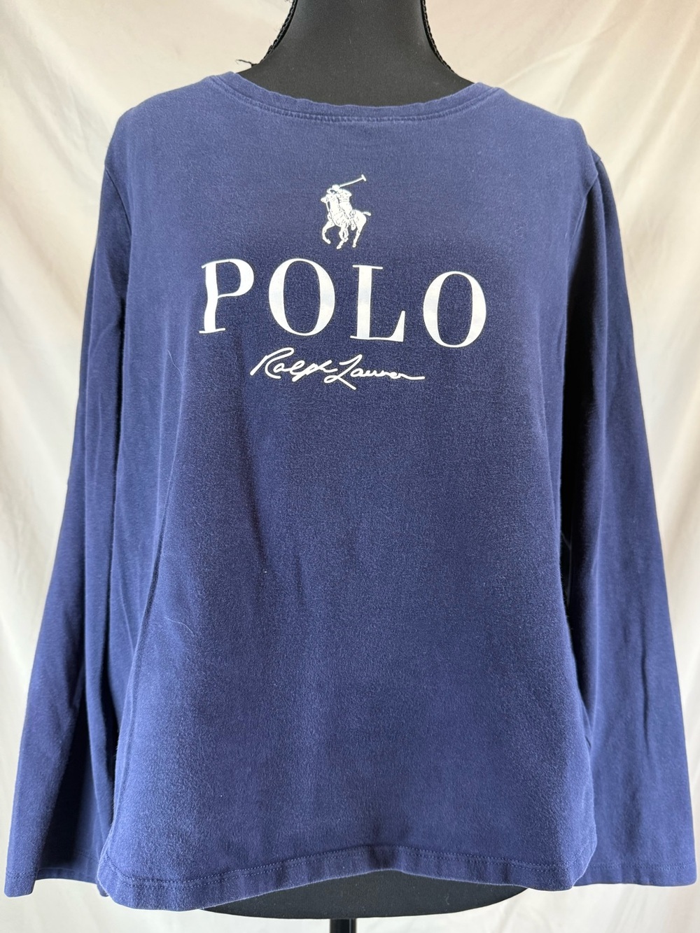 Polo Ralph Lauren Big Logo Script Long Sleeve Tee Navy/White - Size Large